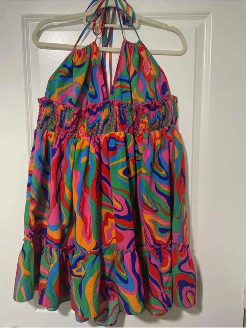 Backless Halter Mini Dress in Multicolor Swirl